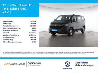 VW Volkswagen T7 Kombi KR kurz TDI | 9-SITZER | AHK | NAVI | im Leasing von Null-Leasing