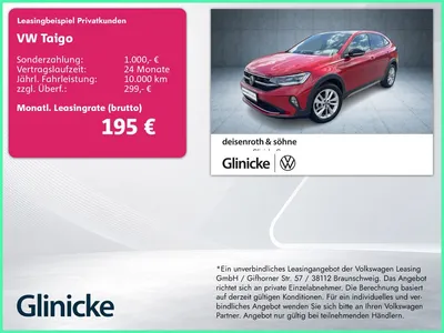 VW Volkswagen Taigo Goal 1.5 TSI DSG Matrix/Pano/Nav/Kam/ACC im Leasing von Null-Leasing