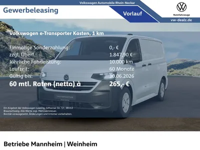 VW Volkswagen e-Transporter Kasten BEV Klima LED Holzboden im Leasing von Null-Leasing