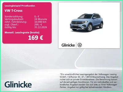 VW Volkswagen T-Cross 1.0 TSI Life Kamera SiHz ACC im Leasing von Null-Leasing