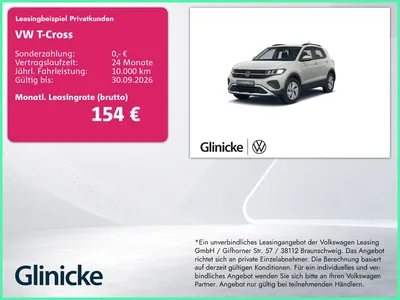 VW Volkswagen T-Cross 1.0 TSI Life Kamera SiHz Klima im Leasing von Null-Leasing