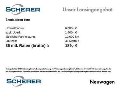 Skoda Skoda Elroq 50 170PS  1-Gang-Automatik 6000 EUR Umwelt im Leasing von Null-Leasing