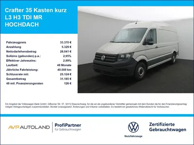VW Volkswagen Crafter 35 Kasten kurz L3 H3 TDI MR HOCHDACH im Leasing von Null-Leasing