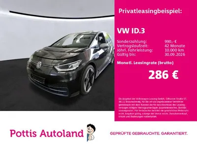 VW Volkswagen ID.3 PRO PERFORMANCE 1ST MAX PANO NAVI KAMERA MA im Leasing von Null-Leasing