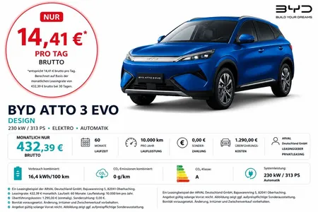 BYD BYD ATTO 3 EVO Design I Elektr.Heckkl. I Lenkradheiz im Leasing von Null-Leasing