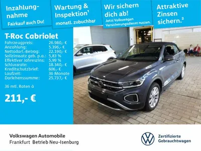 VW Volkswagen T-Roc Cabriolet 1.5 TSI Style Navi LEDPlus DAB+ ac83cd im Auto Abo von LeasingTime