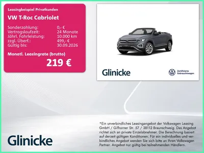 VW Volkswagen T-Roc Cabriolet 1.5 TSI Leder AHK Standh IQ.Ligh im Leasing von Null-Leasing
