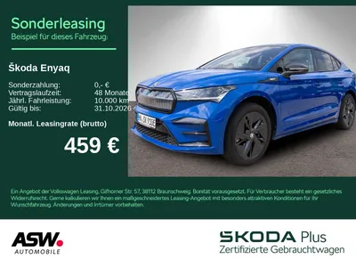 Skoda Skoda Enyaq RS Lounge LED Nav 360° Pano HUD ACC Canton im Leasing von Null-Leasing