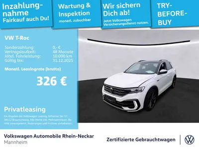 VW Volkswagen T-Roc 2.0 TSI R 4Motion Navi Pano Beats Kamera u im Auto Abo von Null-Leasing